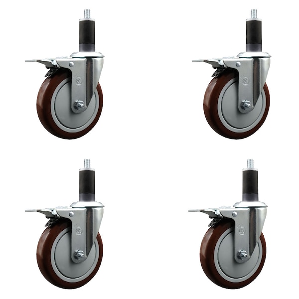 Service Caster 5'' Maroon Poly Swivel 1-1/4'' Expanding Stem Caster Set Total Lock Brake, 4PK SCC-EXTTL20S514-PPUB-MRN-114-4 - main
